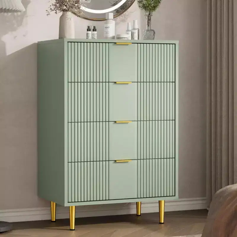 Cassettiera scanalata beige/verde/bianca con maniglie in metallo, 5 cassetti