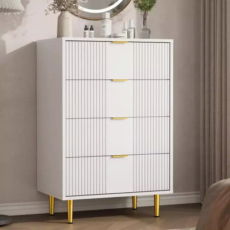 Cassettiera scanalata beige/verde/bianca con maniglie in metallo, 5 cassetti