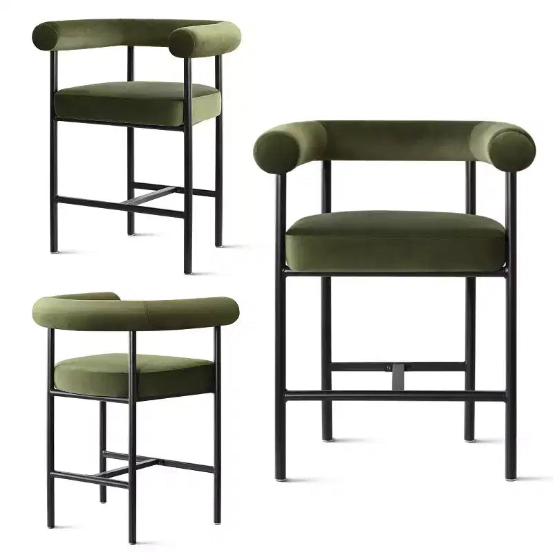 Sgabello da bancone in velluto nero/verde/visone con braccioli – Set di 3, Posti a sedere 3