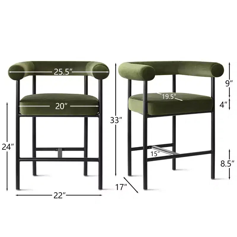 Sgabello da bancone in velluto nero/verde/visone con braccioli – Set di 3, Posti a sedere 3