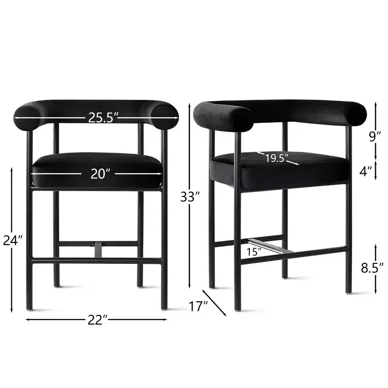 Sgabello da bancone in velluto nero/verde/visone con braccioli – Set di 3, Posti a sedere 3