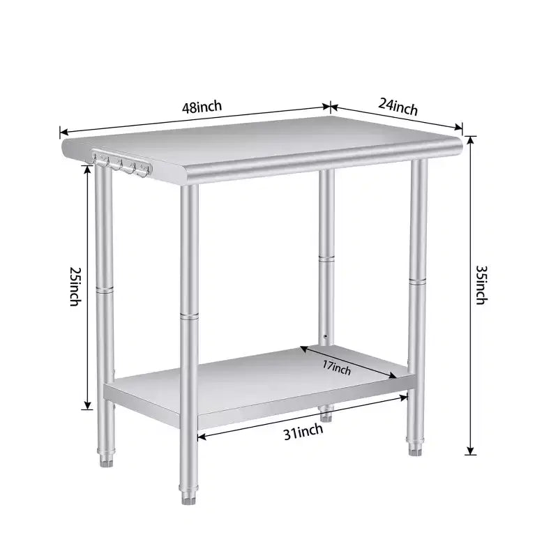 Tavolo da lavoro a 2 livelli in acciaio inossidabile argento con ripiano e ganci, 122 x 61 cm, 1 persona