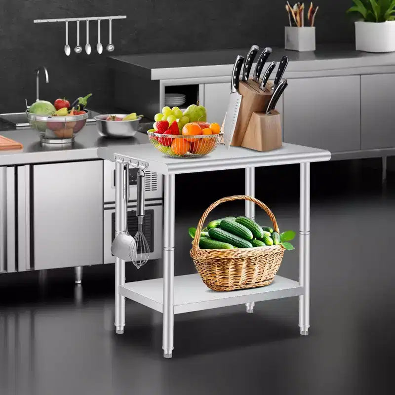 Tavolo da lavoro a 2 livelli in acciaio inossidabile argento con ripiano e ganci, 122 x 61 cm, 1 persona