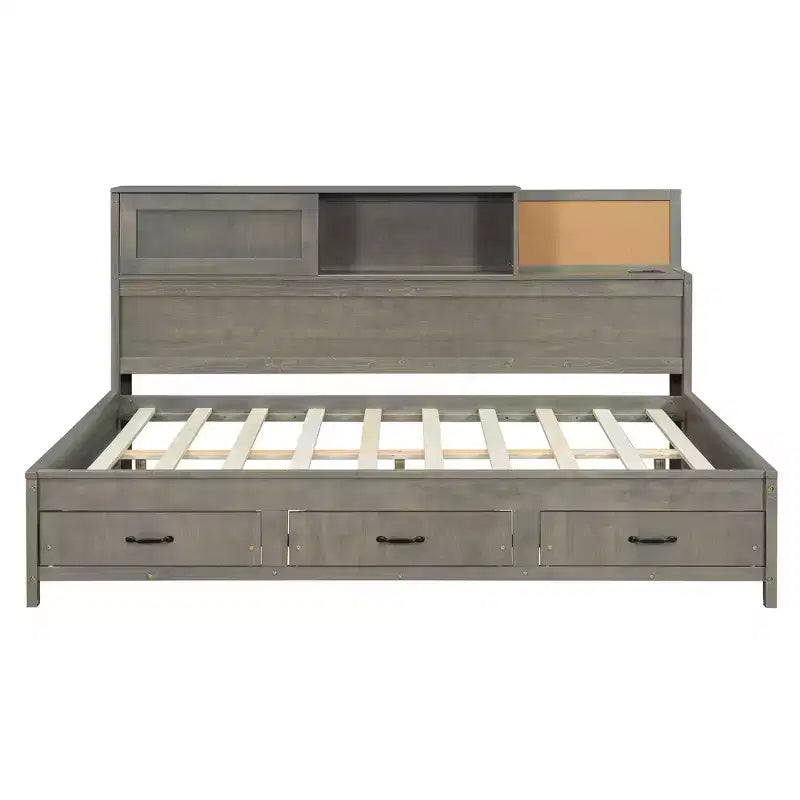 Divano letto in legno a grandezza naturale con cassetti, mensola e prese – Grigio / Noce / Bianco – Per 1 persona