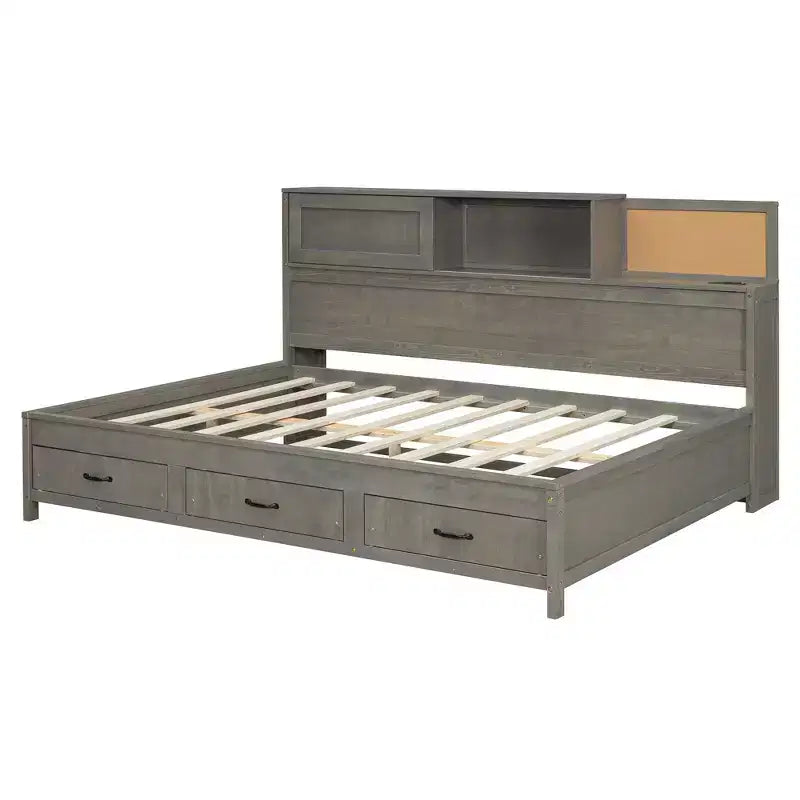 Divano letto in legno a grandezza naturale con cassetti, mensola e prese – Grigio / Noce / Bianco – Per 1 persona