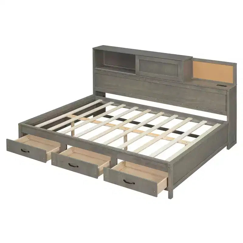 Divano letto in legno a grandezza naturale con cassetti, mensola e prese – Grigio / Noce / Bianco – Per 1 persona