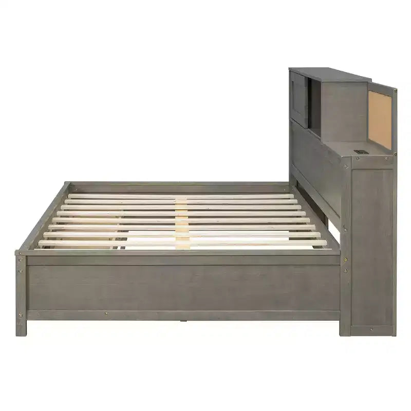 Divano letto in legno a grandezza naturale con cassetti, mensola e prese – Grigio / Noce / Bianco – Per 1 persona
