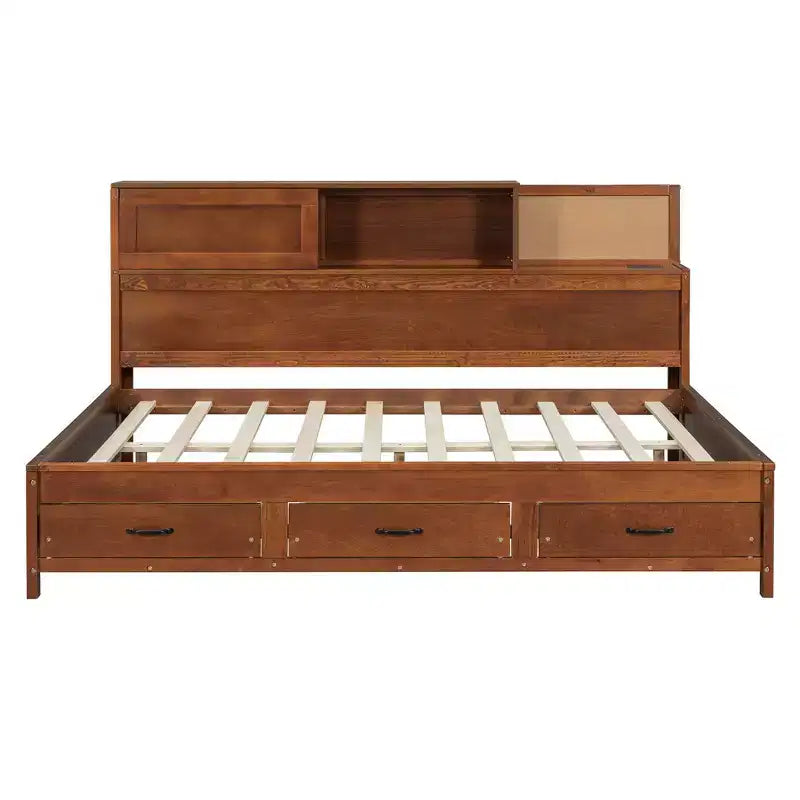 Divano letto in legno a grandezza naturale con cassetti, mensola e prese – Grigio / Noce / Bianco – Per 1 persona