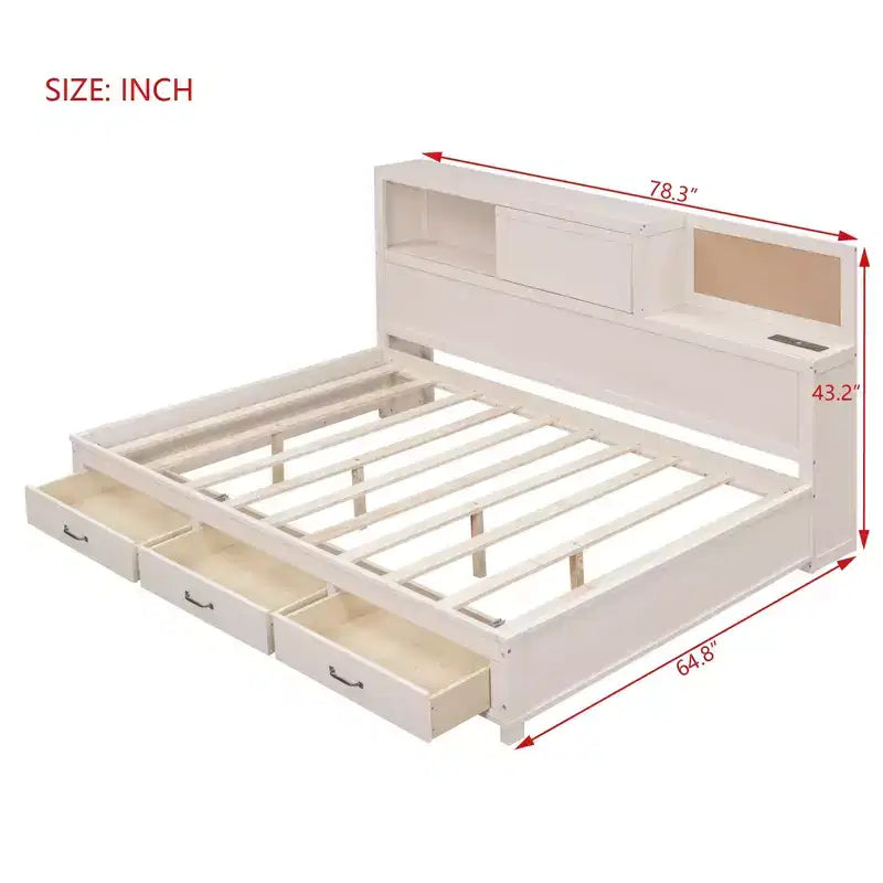 Divano letto in legno a grandezza naturale con cassetti, mensola e prese – Grigio / Noce / Bianco – Per 1 persona
