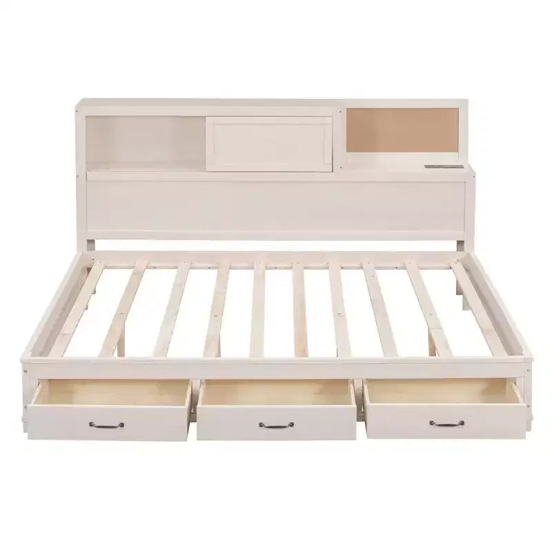 Divano letto in legno a grandezza naturale con cassetti, mensola e prese – Grigio / Noce / Bianco – Per 1 persona