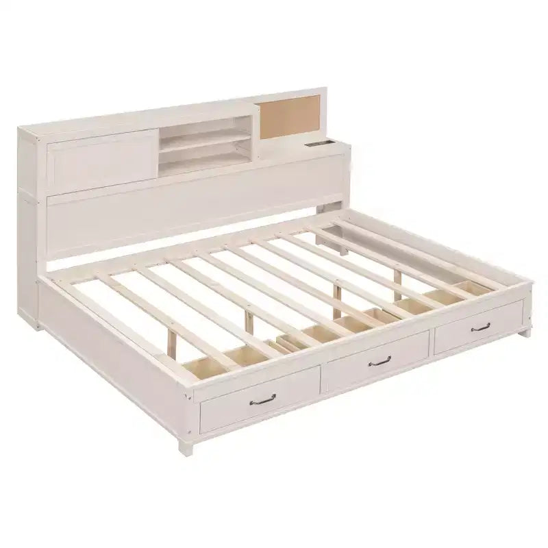 Divano letto in legno a grandezza naturale con cassetti, mensola e prese – Grigio / Noce / Bianco – Per 1 persona