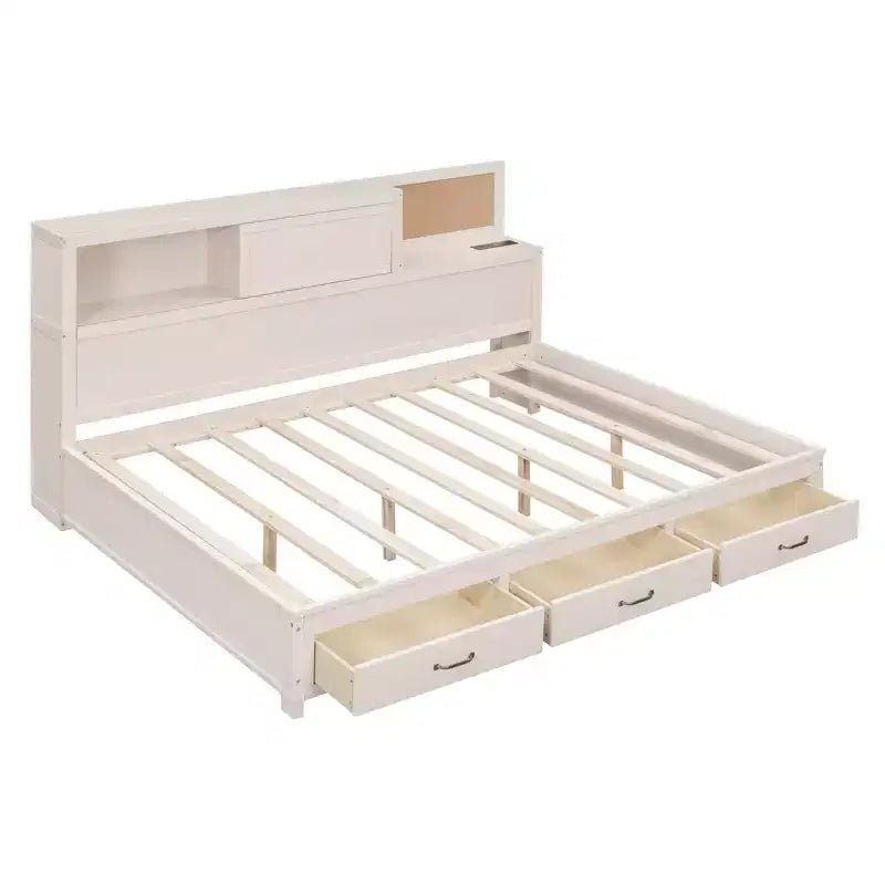 Divano letto in legno a grandezza naturale con cassetti, mensola e prese – Grigio / Noce / Bianco – Per 1 persona