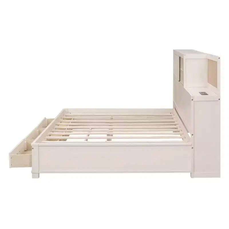 Divano letto in legno a grandezza naturale con cassetti, mensola e prese – Grigio / Noce / Bianco – Per 1 persona