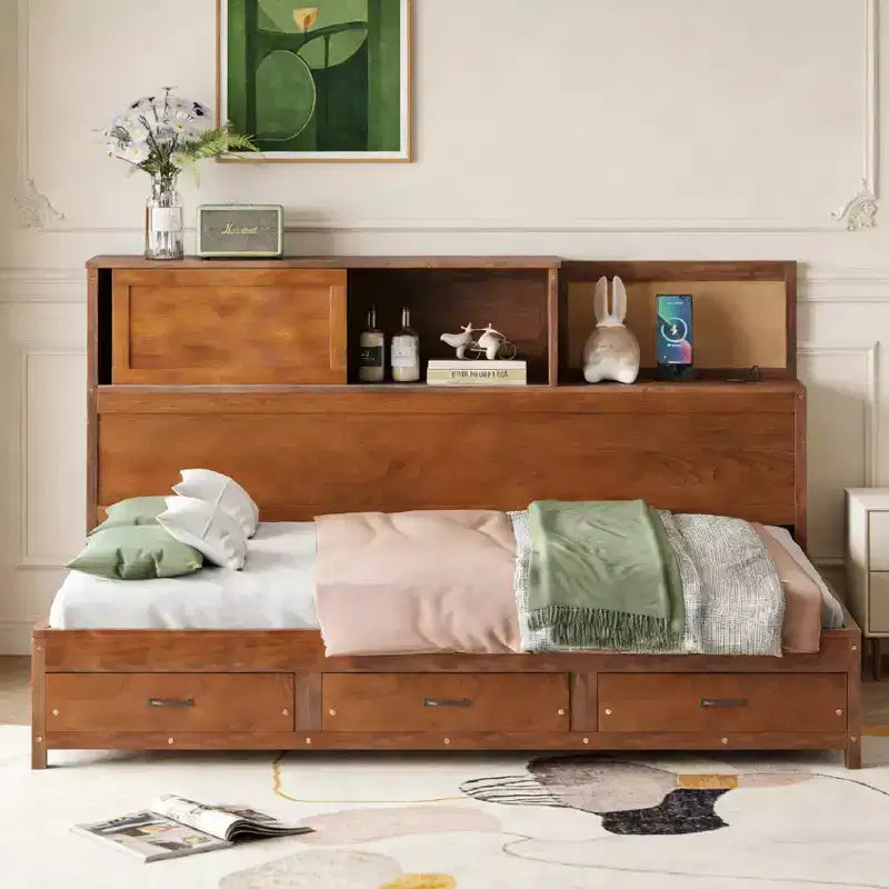 Divano letto in legno a grandezza naturale con cassetti, mensola e prese – Grigio / Noce / Bianco – Per 1 persona