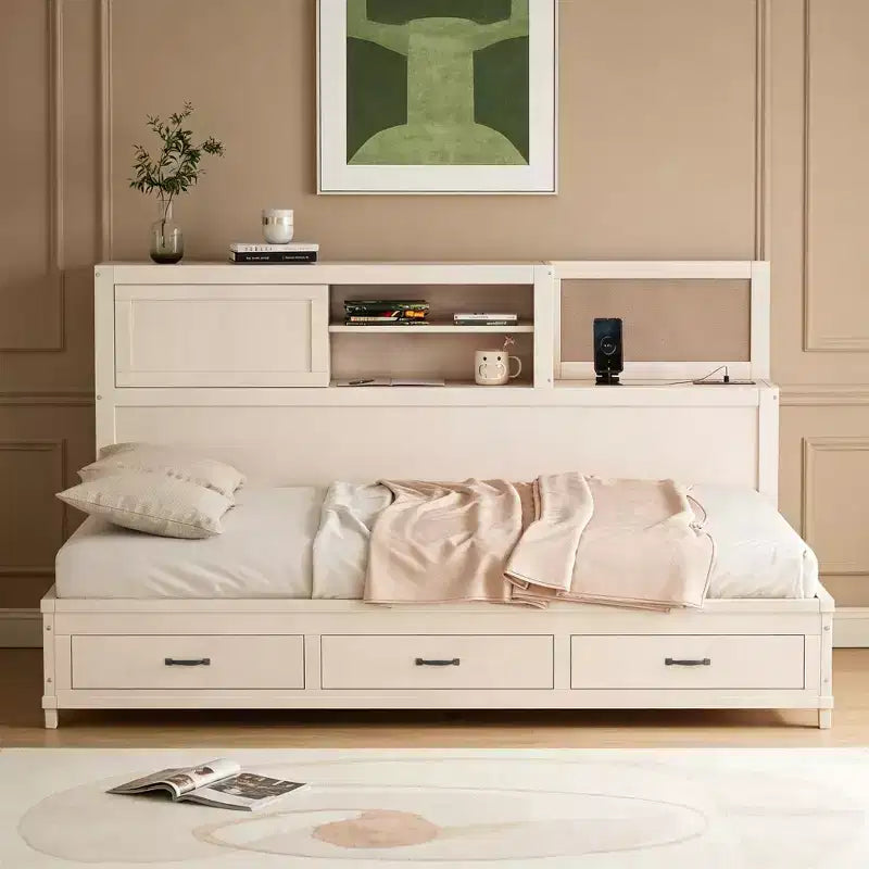 Divano letto in legno a grandezza naturale con cassetti, mensola e prese – Grigio / Noce / Bianco – Per 1 persona
