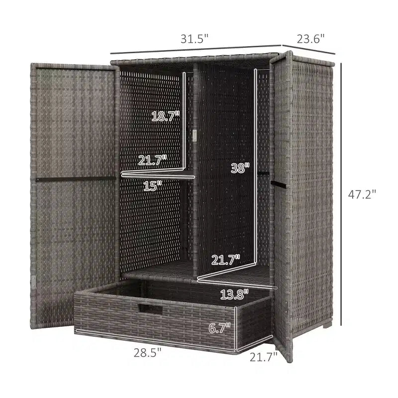 Armadietto Contenitore da Esterno in Rattan Grigio Scuro, 2 Ante 1 Cassetto con Ripiani, 1 Persona