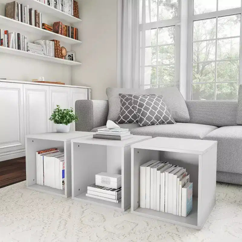 Tavolino cubo in legno grigio, impilabile, 1 unità