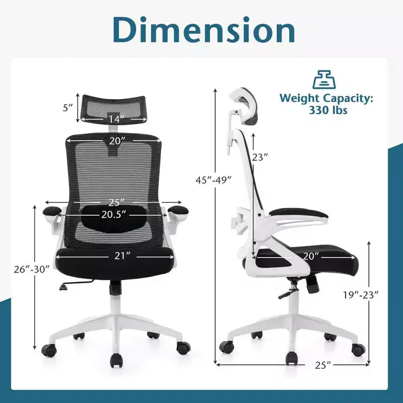 Sedia da ufficio ergonomica in rete bianca e nera, regolabile, monoposto