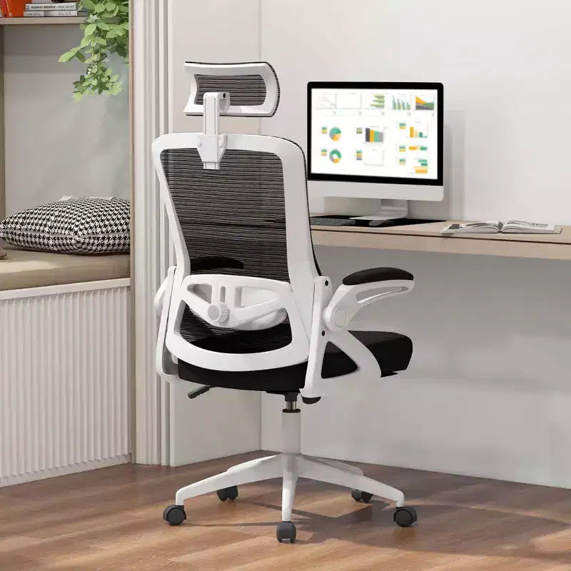 Sedia da ufficio ergonomica in rete bianca e nera, regolabile, monoposto