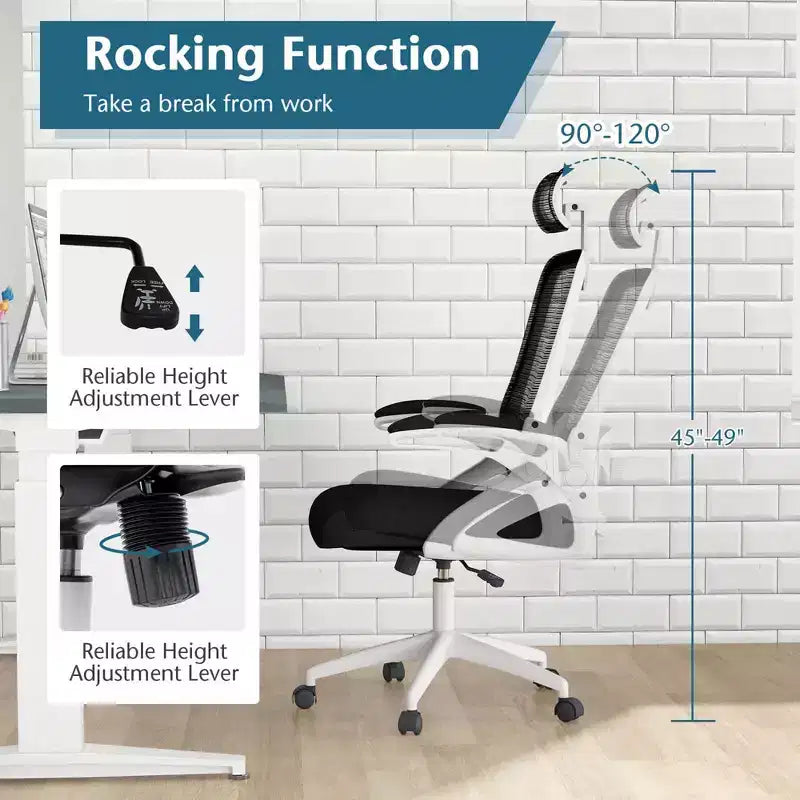 Sedia da ufficio ergonomica in rete bianca e nera, regolabile, monoposto