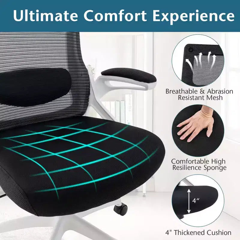 Sedia da ufficio ergonomica in rete bianca e nera, regolabile, monoposto
