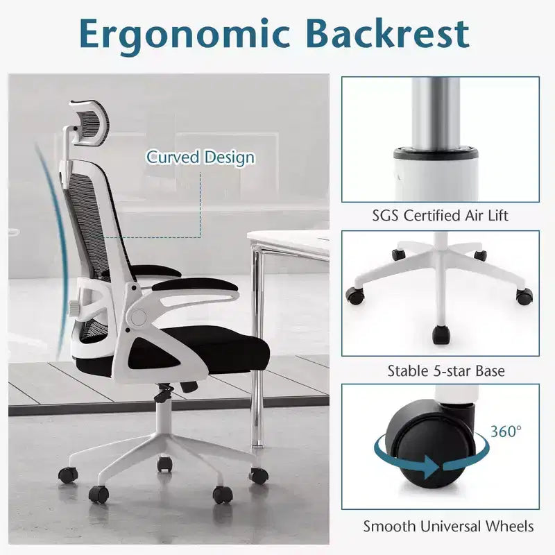 Sedia da ufficio ergonomica in rete bianca e nera, regolabile, monoposto
