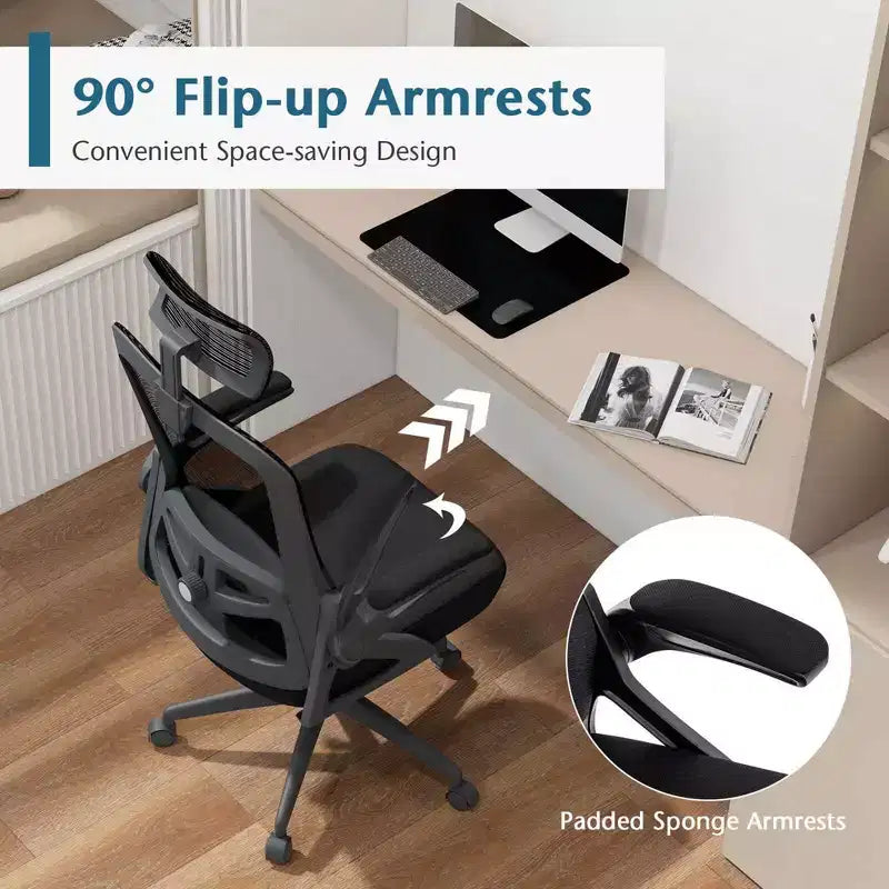 Sedia da ufficio ergonomica in rete bianca e nera, regolabile, monoposto