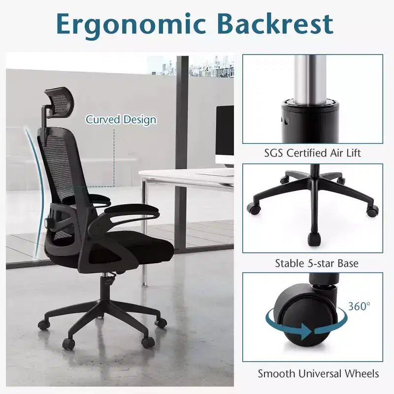 Sedia da ufficio ergonomica in rete bianca e nera, regolabile, monoposto