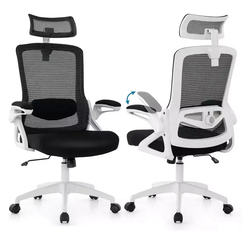 Sedia da ufficio ergonomica in rete bianca e nera, regolabile, monoposto
