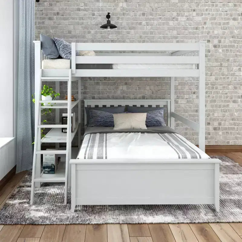 Letto a castello a L in legno naturale, completo su completo, con libreria – 2 posti letto