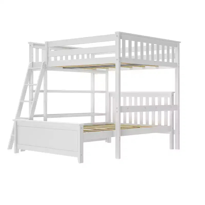 Letto a castello a L in legno naturale, completo su completo, con libreria – 2 posti letto