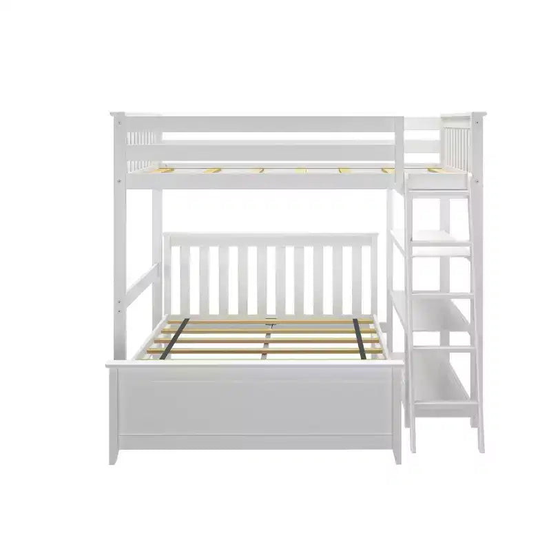 Letto a castello a L in legno naturale, completo su completo, con libreria – 2 posti letto