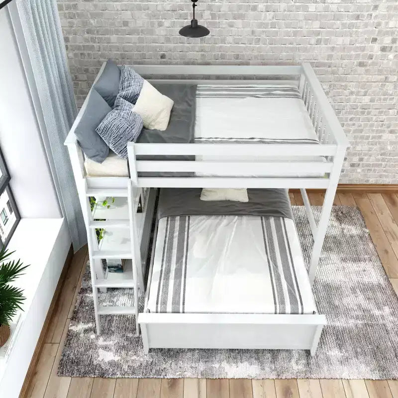 Letto a castello a L in legno naturale, completo su completo, con libreria – 2 posti letto