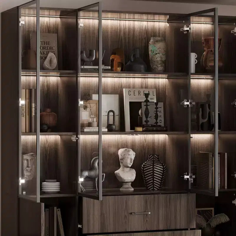Vetrina in Legno Marrone con Ante in Vetro e Luci a LED, Montaggio da 1 Persona